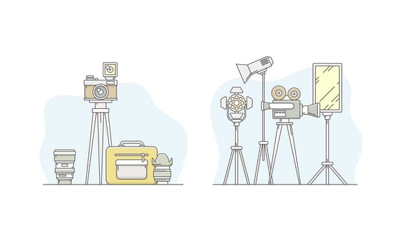 Cinema and photographic equipment set. Movie and photo cameras on tripod, searchlight, reflector illustration vector