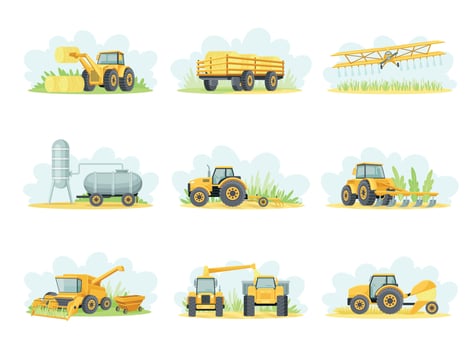 Agricultural farming machinery set. Tractor, trailer loading with hay, combine harvester, airplane illustration vector