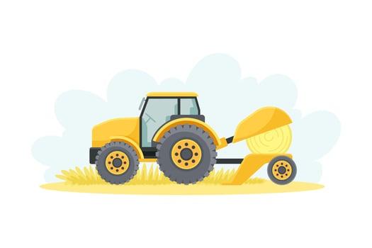Yellow tractor hay baler, agricultural farming machinery illustration vector