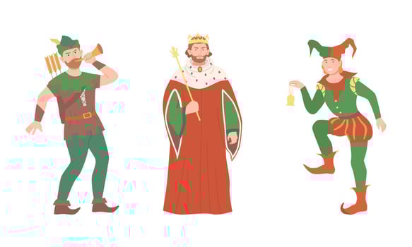 Heroes of fairy tales set. Herald, king and jester cartoon illustration vector