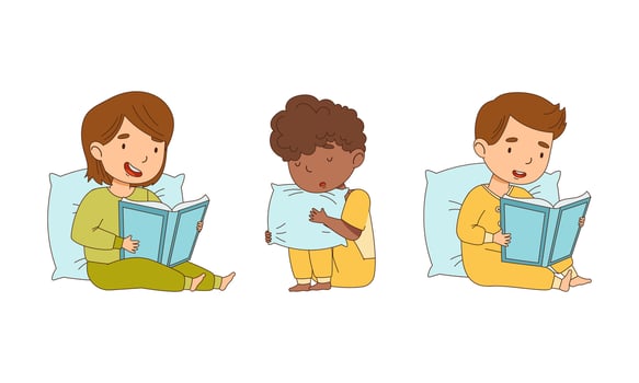 Kids reading bedtime story in their beds cartoon illustration vector