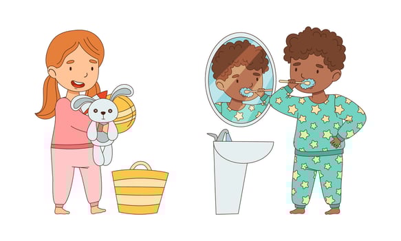 Cute kids brushing their teeth and storing toys preparing for sleep cartoon illustration vector