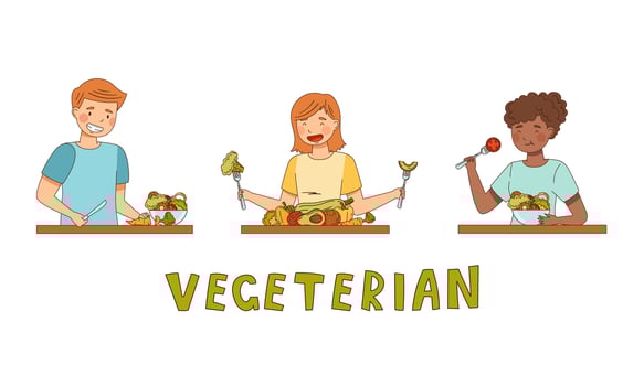 People eating and cooking vegetarian food. Healthy lifestyle, vegetarian diet concept cartoon illustration vector
