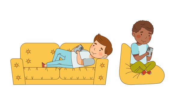 Cute boys using smartphones set. Kids playing gadgets cartoon illustration vector