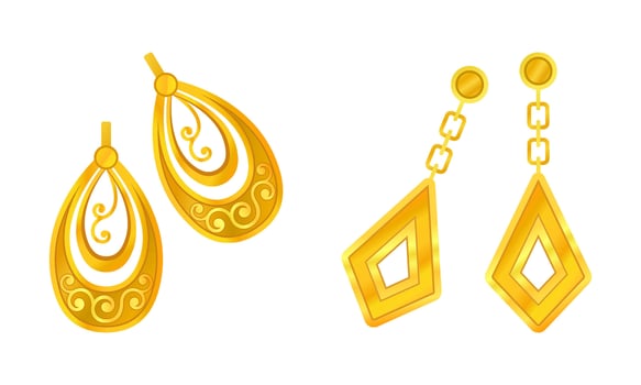 Fashionable gold jewelry set. Beautiful earrings cartoon illustration vector