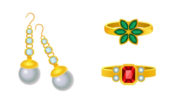 Fashionable gold jewelry set. Beautiful earrings and rings with gemstones cartoon illustration vector