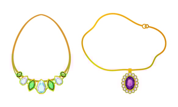 Fashionable gold jewelry set. Beautiful necklace with gemstones cartoon illustration vector