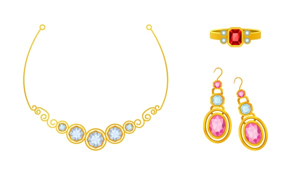Gold jewelry set. Beautiful earrings, ring and necklace with gemstones cartoon illustration vector