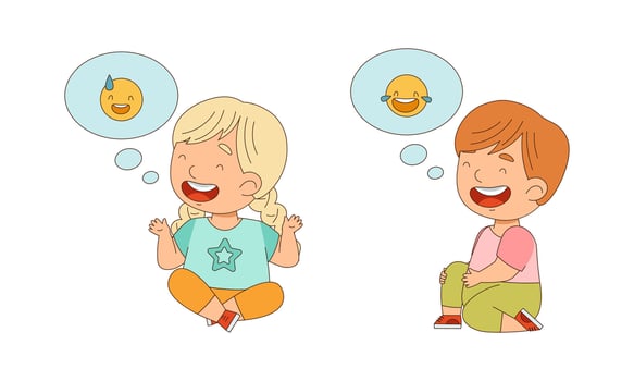 Cute happy kids sitting on floor expressing different emotions cartoon illustration vector