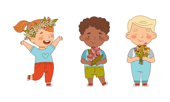 Happy adorable kids holding bouquet of bright spring flowers set cartoon illustration vector