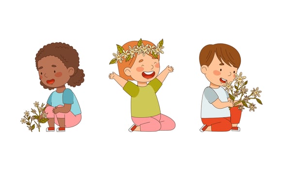 Cute happy kids holding spring flowers cartoon illustration vector