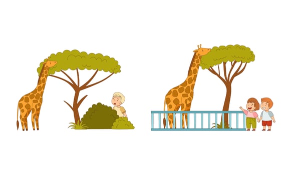 Kids at the zoo. hildren watching at giraffe cartoon illustration vector