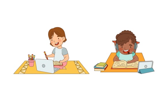 Cute kids studying at home using laptop computers and headphones set. Online education, distance school concept cartoon illustration vector