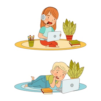 Children online education and e-learning concept. Cute little boy and girl studying online at home cartoon illustration vector