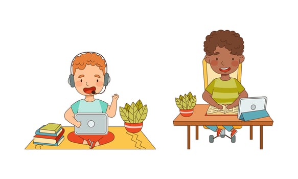 Cute little boys studying at home using laptop computer. Online education and e-learning cartoon illustration vector
