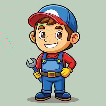 Happy Mechanic Cartoon Character Holding Wrench, Friendly Repairman Illustration, Cheerful Service, Professional Maintenance, Cartoon Style vector