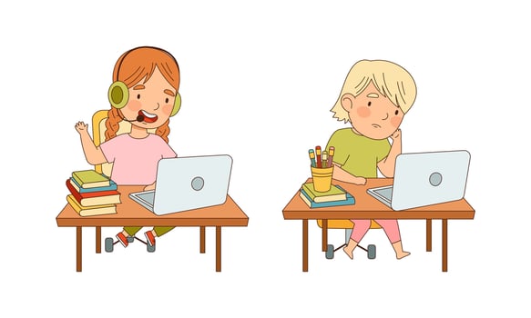 Cute little boy and girl studying online at home. Online education and e-learning cartoon illustration vector