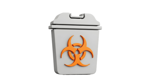 Gray medical waste bin with biohazard symbol on transparent background. Rendering for medical safety and health concepts. png