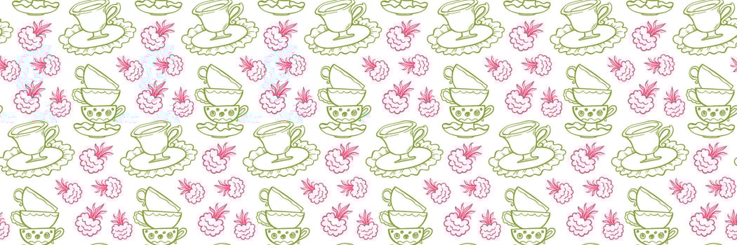Whimsical seamless pattern with tea cups, raspberries and plates. Vintage Tea Time with raspberry. Ideal for packaging, fabric, stationery, and branding. Hand drawn illustration in doodle style vector