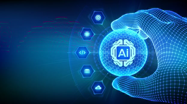 Hand holding AI technology sphere vector