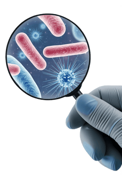 Microscopic view of bacteria and viruses under magnifying glass on transparent background png