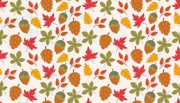 Seamless cartoon flat style pattern with autumn leaf, rosehip, cone, and acorn. vector