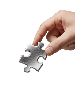 Hand holding silver puzzle piece isolated on transparent background, teamwork concept, problem-solving, connection, missing part, jigsaw png