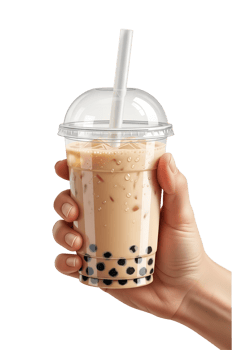 Hand holding cup of bubble tea with straw isolated on transparent background, boba drink with tapioca pearls png