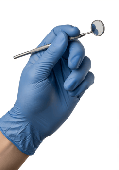 Hand in blue latex glove holding dental mirror, dentistry tool, oral hygiene concept, isolated on transparent background, professional dental care png