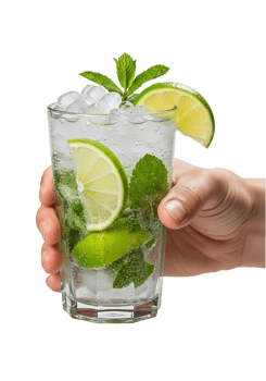 Refreshing mojito cocktail with lime and mint on transparent background, summer drink with ice cubes png