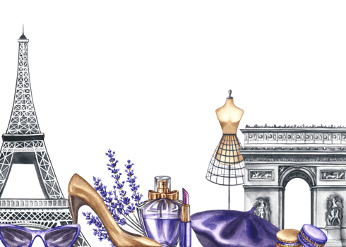 A border frame depicting Parisian fashion. The illustrations are hand-drawn watercolors. Eiffel Tower and the Arc de Triomphe, as well as perfume, lavender, glasses, women's shoes, tailor's dummy. png