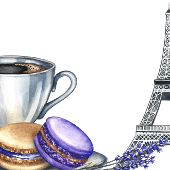Frame and image of a coffee cup, macaroon almond cookies, and the Eiffel Tower. Hand-drawn watercolor illustration. Square template. French cuisine. For packaging, labels, flyers, menus, and posters. png
