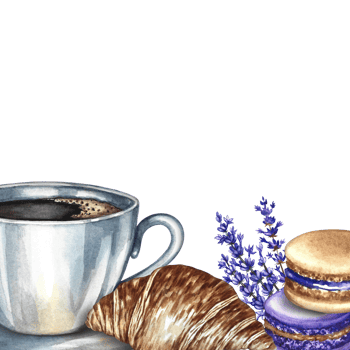 Frame with a picture of a cup of coffee, almond cookies, and croissants. Hand-drawn watercolor illustration. French cuisine. For packaging, postcards, labels, banners, flyers, menus, and posters. png