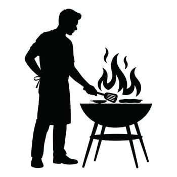 Man grilling food on a barbecue grill with flames silhouette vector