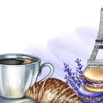 A frame with a picture of a cup of coffee, almond cookies, croissants, and the Eiffel Tower. Hand-drawn watercolor illustration. French cuisine. For, postcards, labels, banners, menus, and posters. png