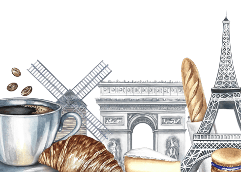 A frame with images of Parisian landmarks and food. Hand-drawn watercolor illustration. Baguette, cheese, croissant, almond biscuit and cup of coffee, Eiffel Tower, Arc de Triomphe, and a mill. png
