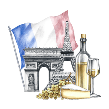 France architecture and products. Hand-drawn watercolor illustration. Bottle of wine, glass, bunch of grapes and cheese, Eiffel Tower and Arc de Triomphe on the background of the French flag. png