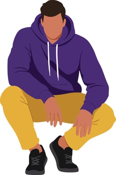 Young man wearing purple hoodie and mustard pants squatting in casual style illustration vector