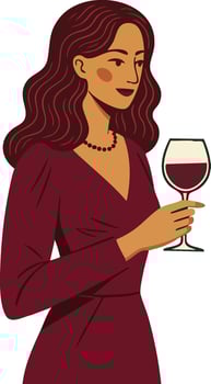 Woman holding glass of red wine in burgundy dress enjoying elegant drink moment illustration vector