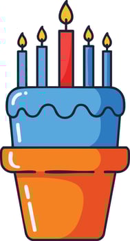 Birthday cake with blue icing and lit candles in orange flower pot illustration for celebration and party decoration vector