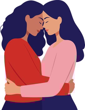 Two women embracing gently with closed eyes showing affection and comfort in a loving moment vector