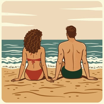 Couple relaxing on sandy beach by ocean waves enjoying summer vacation together in swimwear illustration vector