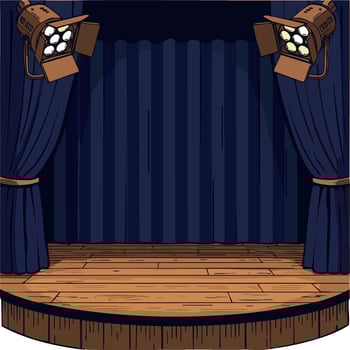 Theater stage with blue curtains and wooden floor under warm spotlights illustration vector