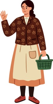 Woman in traditional brown floral jacket holding green basket waving hand illustration vector