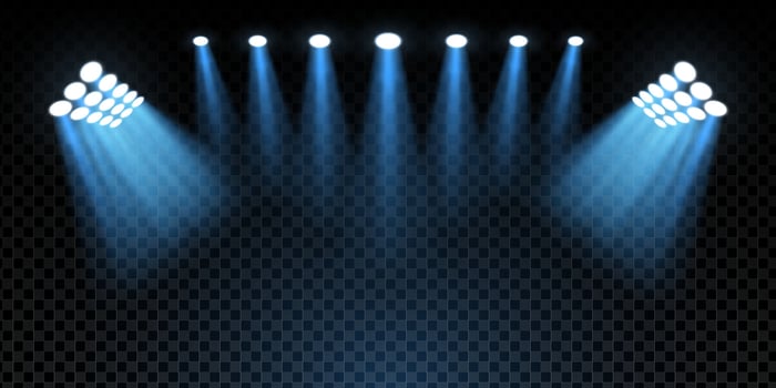 3D stadium scene with illuminated football pitch, bright LED spotlights and neon glow. Night event atmosphere with floodlights, beams and empty stage. Realistic background with luxury sparkle. vector
