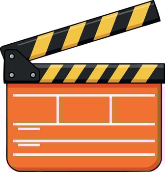 Movie clapperboard with orange base and black yellow striped top for film production and shooting vector