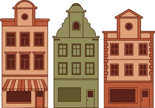 Three vintage European style buildings with detailed facades and warm brown and olive green colours illustration vector