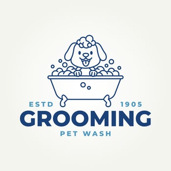 minimalist cute dog taking a bath line art icon logo illustration design. simple modern pet salon or pet grooming logo concept vector