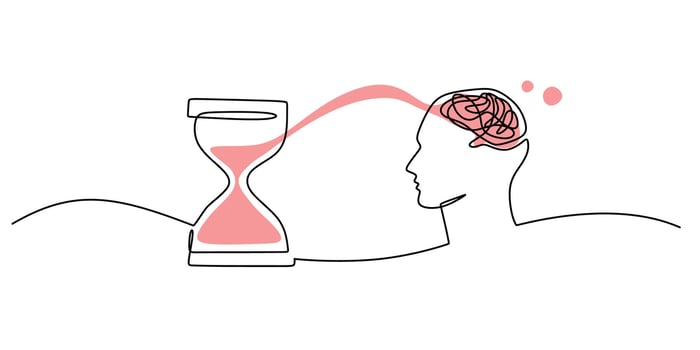 One line drawing of an hourglass with a brain, representing mental challenges and the passage of time. vector