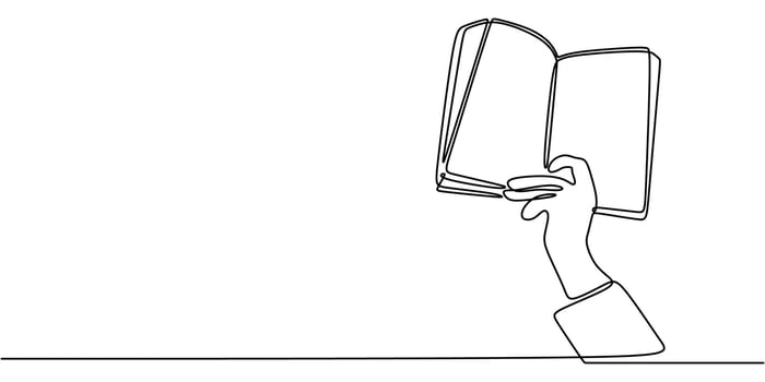 Continuous one line drawing of a hand holding an open book, symbolizing wisdom and discovery. vector